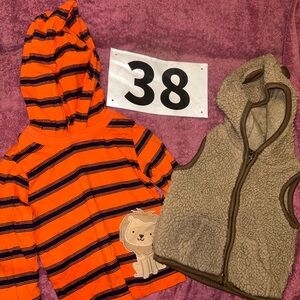 Orange & Navy Striped Hoodie with Lion Patch + Fuzzy Tan Vest Set 3 m child o- 3